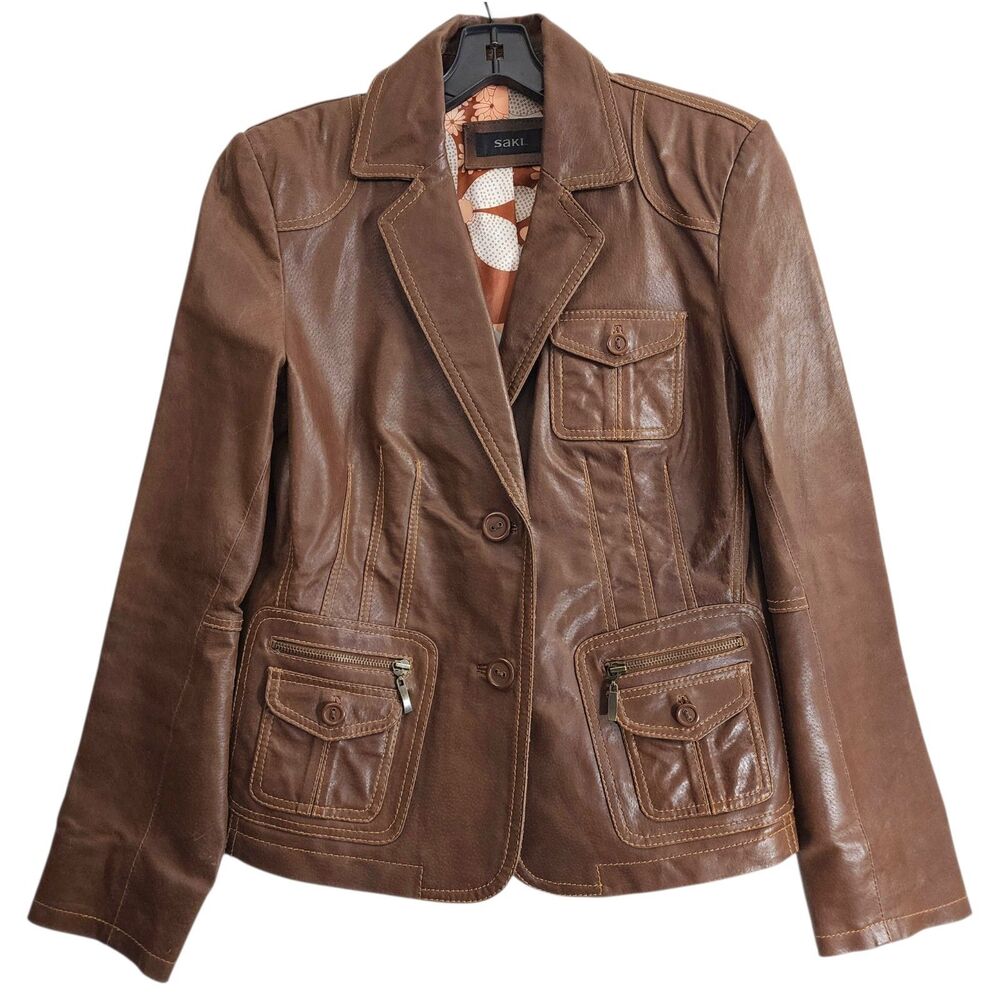 SAKI Jacket Womens 42 Brown Leather Blazer Flap Pockets Single Breasted Y2K VTG